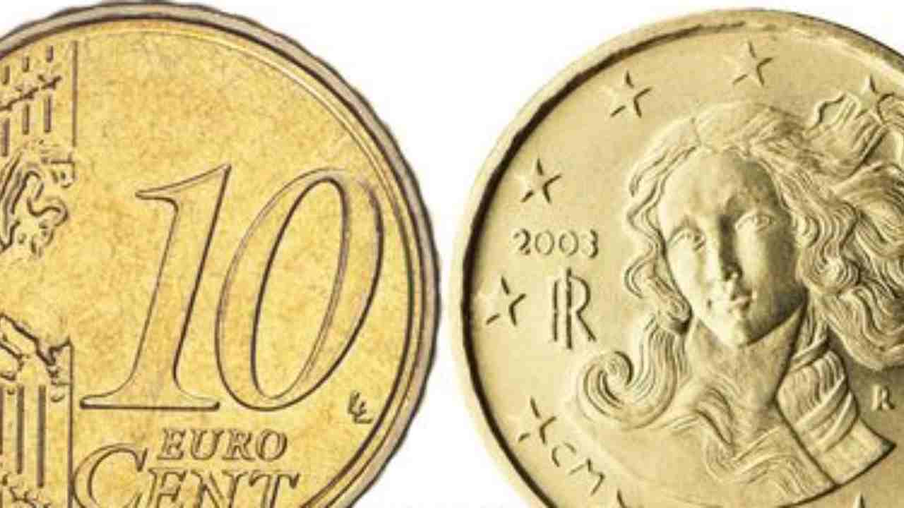 Una moneta da 10 centesimi vista da entrambi i lati