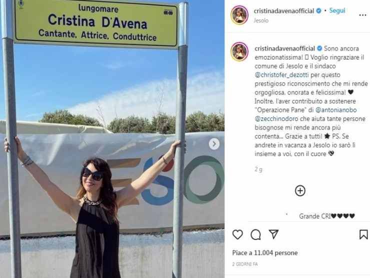 L'intitolazione del lungomare di Jesolo a Cristina D'Avena (Instagram) 16.7.2022 topic news